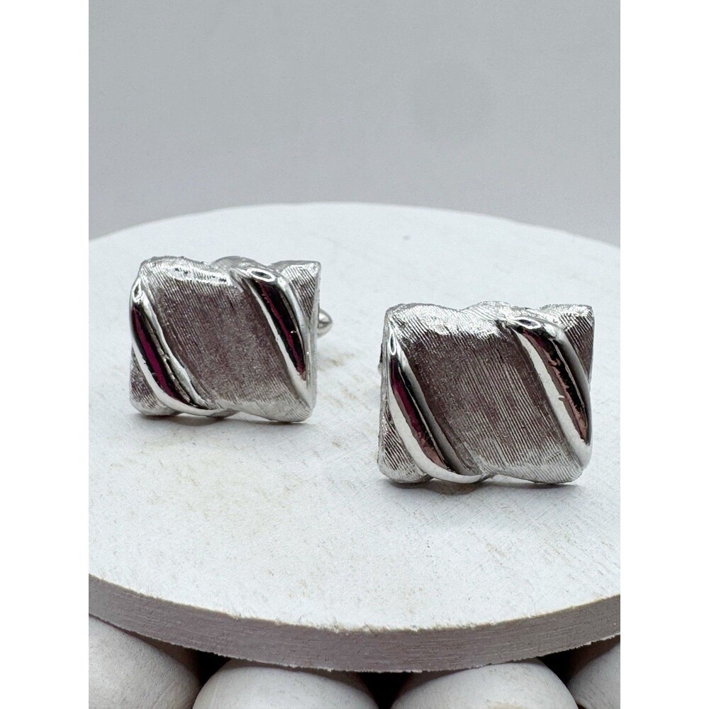 Swank Textured Silver Tone Wavy Rectangle Cufflinks MCM Mid Century Modern